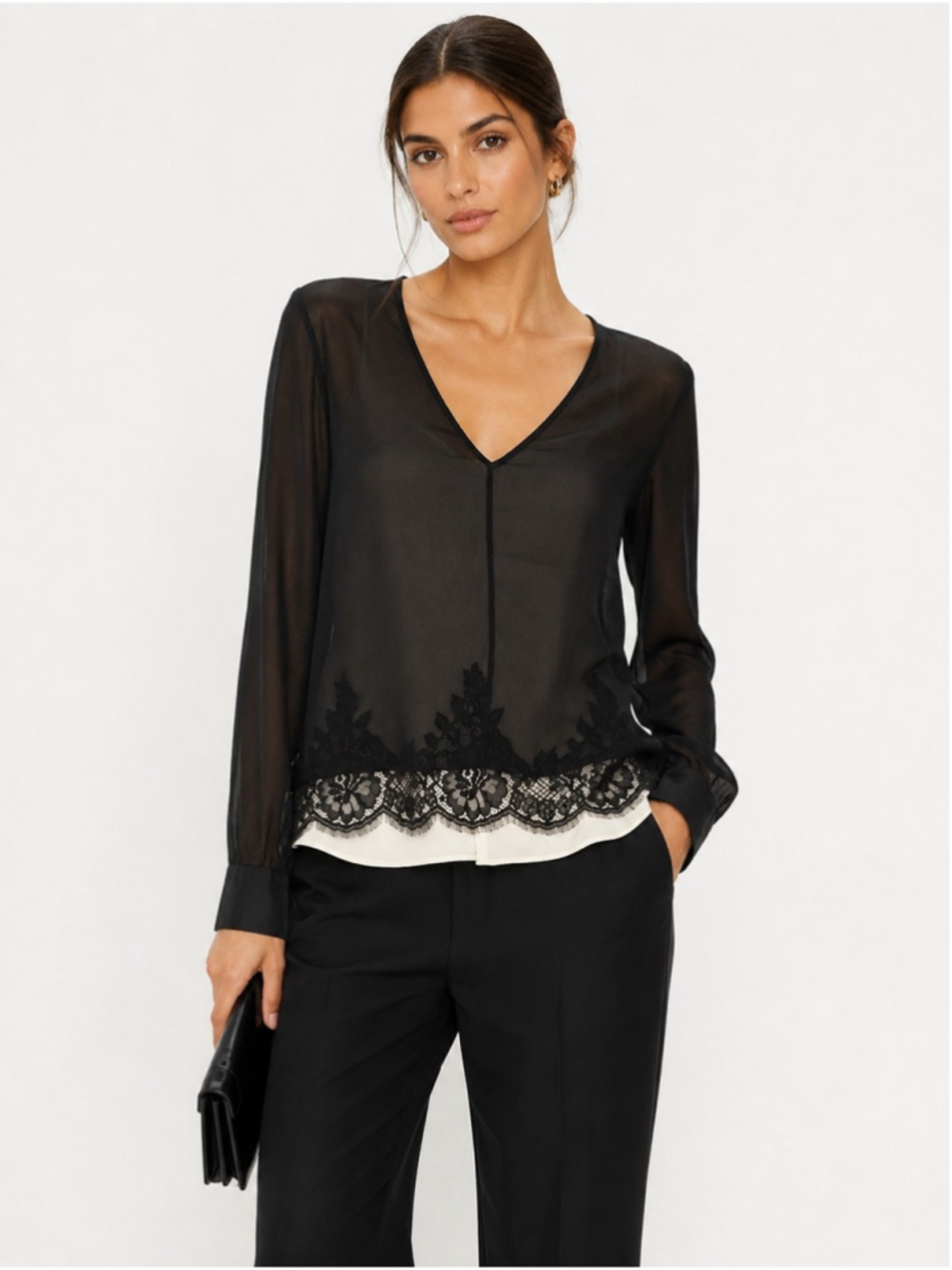 Robert Rodriguez Silk Layered Blouse Black Ivory Double Layer Lace Hem